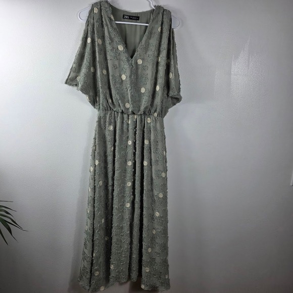 Zara Olive Green Polka Dot Maxi Dress XS Bohemian Maxi Dress - Picture 1 of 10